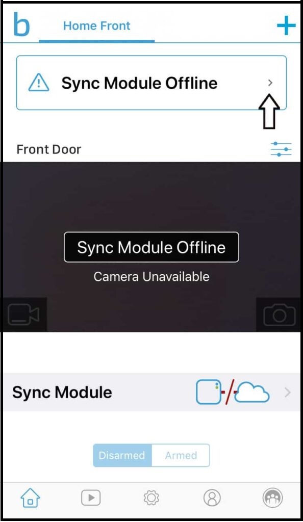 screenshot showing sync module offline