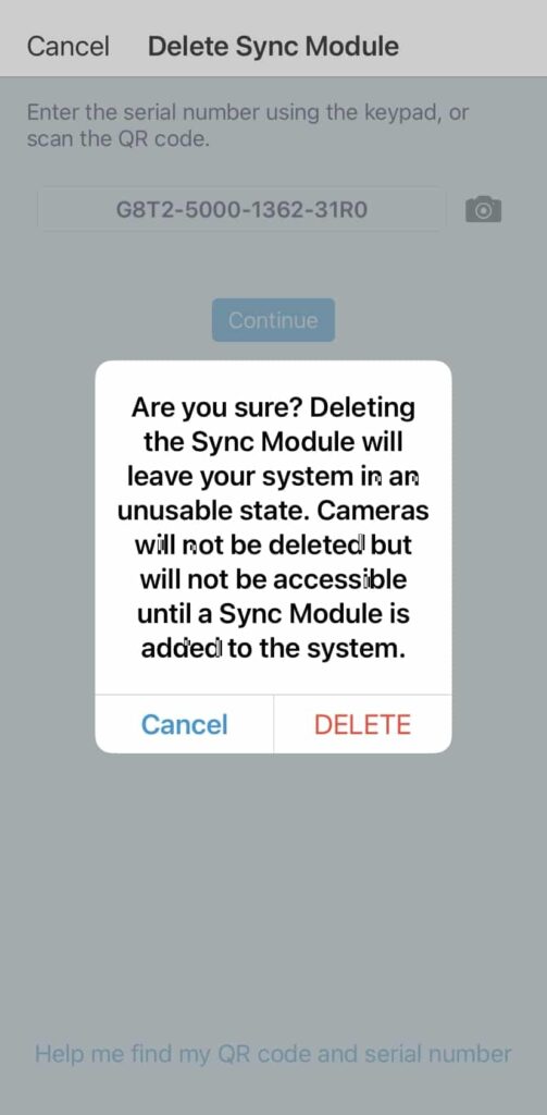 confirm deleting sync module